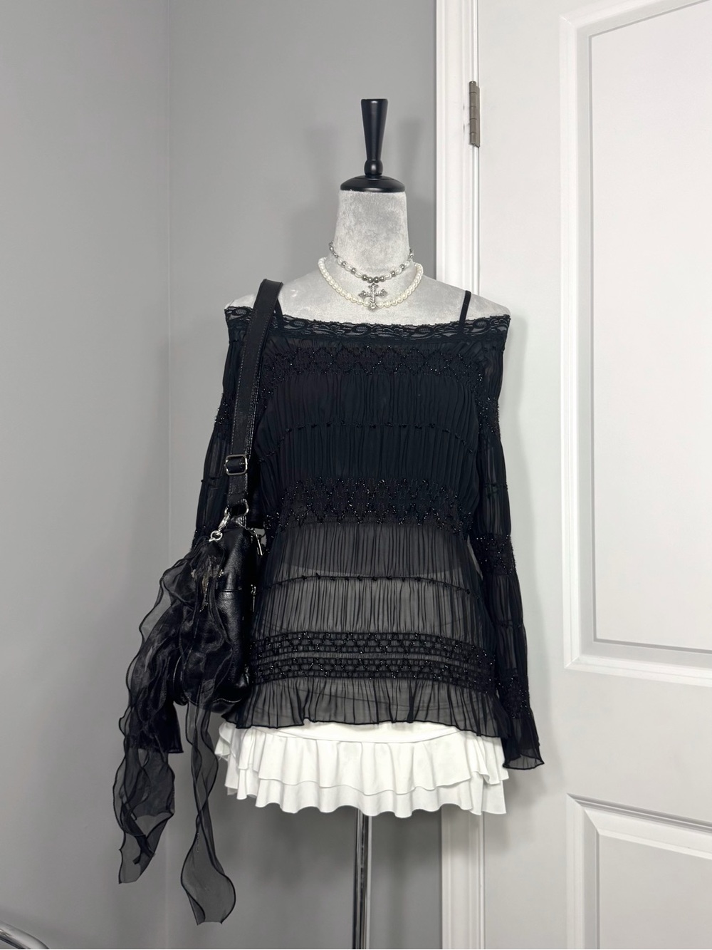 Vintage Selene Sport Black Chiffon Shirred Off The Shoulder Lace Blouse